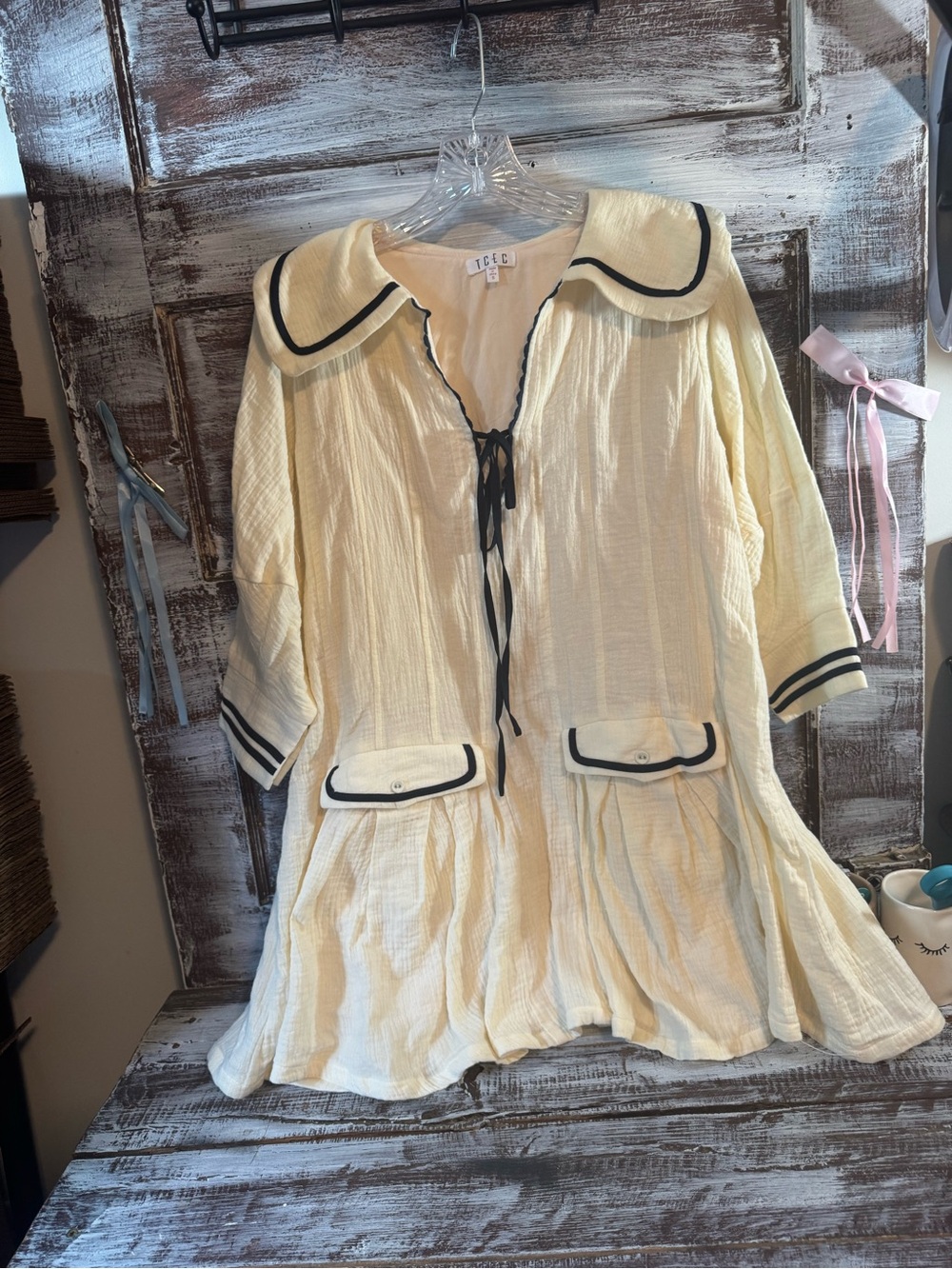 TCEC Cream Sailor-Style Dress with Dark Blue Trim
